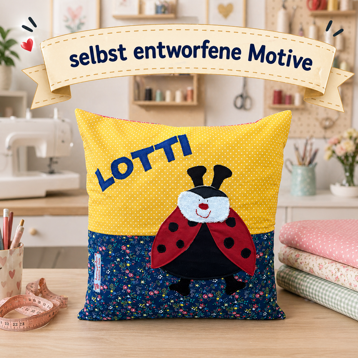 Kuschelkissen personalisiert Marienkäfer auf gelb gepunktet und blau geblümtem Baumwollstoff , selbst entworfene Motive 