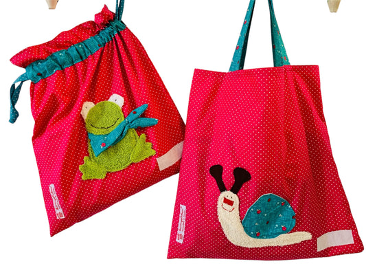 Kita-Set Frosch & Schnecke – Handgemachte Wetbag & Garderobenbeutel für Mädchen