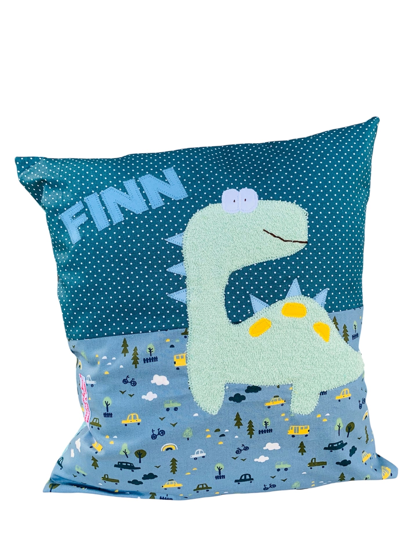 „Kuschelkissen Dino mit Name – Handgemachtes Namenskissen 40x40 cm, Geschenkidee für Kinderzimmer“