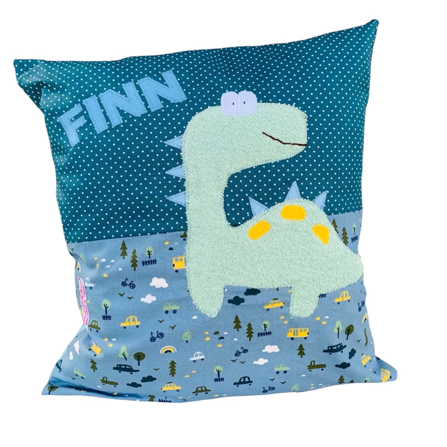 „Kuschelkissen Dino mit Name – Handgemachtes Namenskissen 40x40 cm, Geschenkidee für Kinderzimmer“