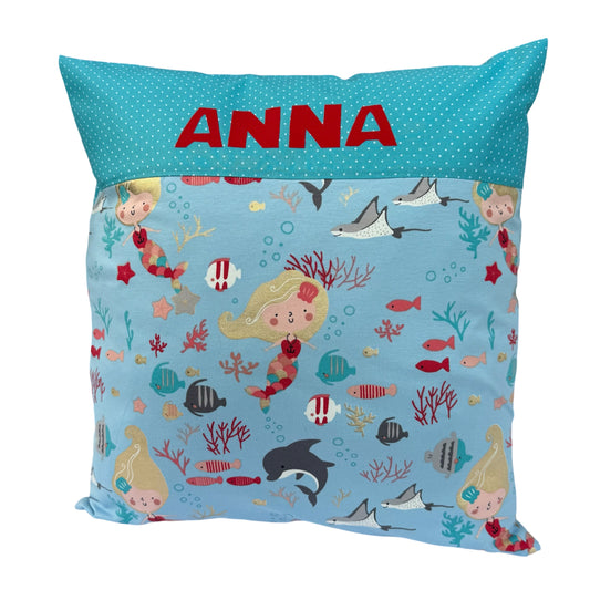 Meerjungfrau Kissen mit Namen personalisiert – Kinderkissen 40x40 cm aus Baumwolle