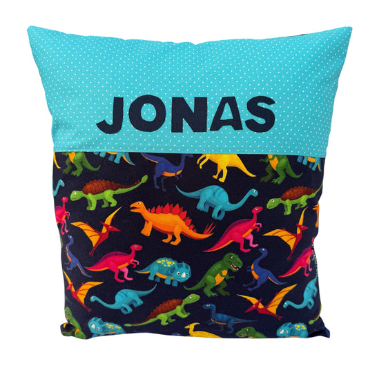Kissen mit Namen Dino | Personalisiertes Kinderkissen 40x40 cm | Geschenk für Jungen