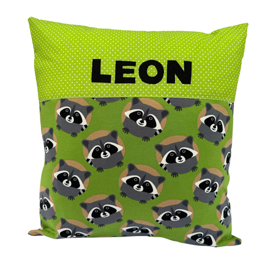 Waschbär Kissen mit Namen personalisiert – Kinderkissen 40x40 cm