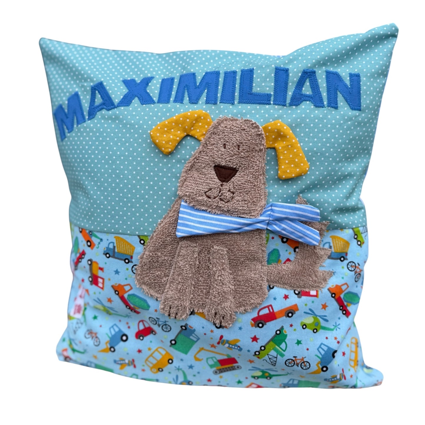 Kissen Hund mit Namen Hellblau Fahrzeuge – Personalisiertes Kinderkissen 40x40 cm | Geschenk zur Geburt