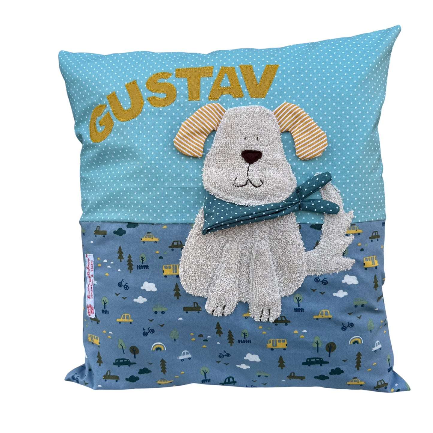 Kissen Hund mit Namen – Personalisiertes Kinderkissen 40x40 cm in Rauchblau | Geschenk zur Geburt, Taufe & 1. Geburtstag