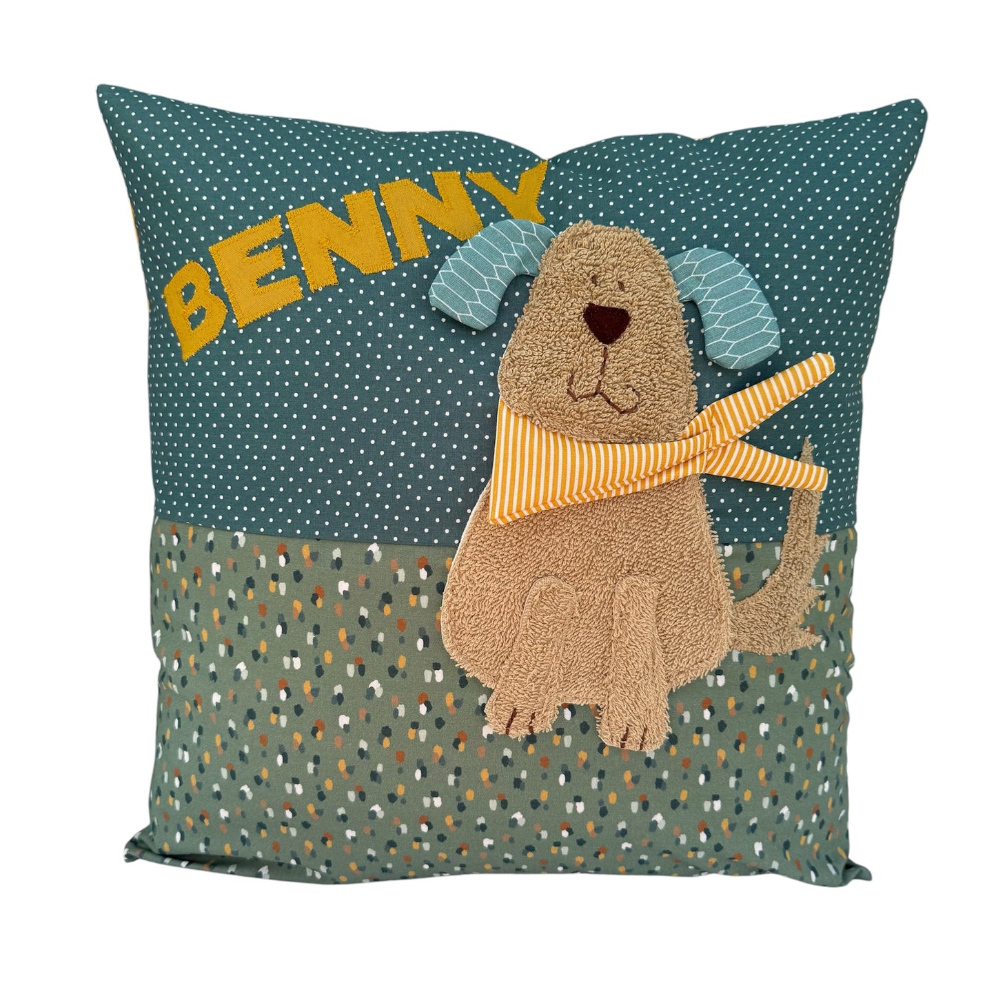 Kissen Hund salbeigrün mit Namen – personalisiertes Kuschelkissen 40x40 cm