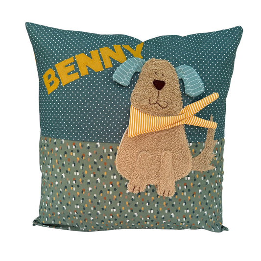 Kissen Hund salbeigrün mit Namen – personalisiertes Kuschelkissen 40x40 cm