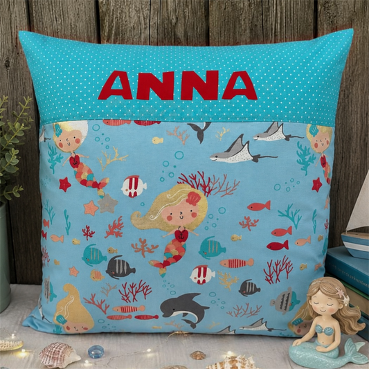 Meerjungfrau Kissen mit Namen personalisiert – Kinderkissen 40x40 cm aus Baumwolle