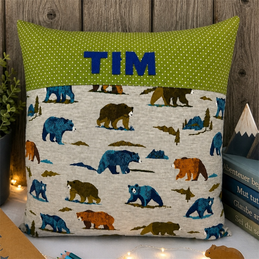 Kissen mit Namen Bären | Personalisiertes Kinderkissen 40x40 cm | Geschenk für Jungen